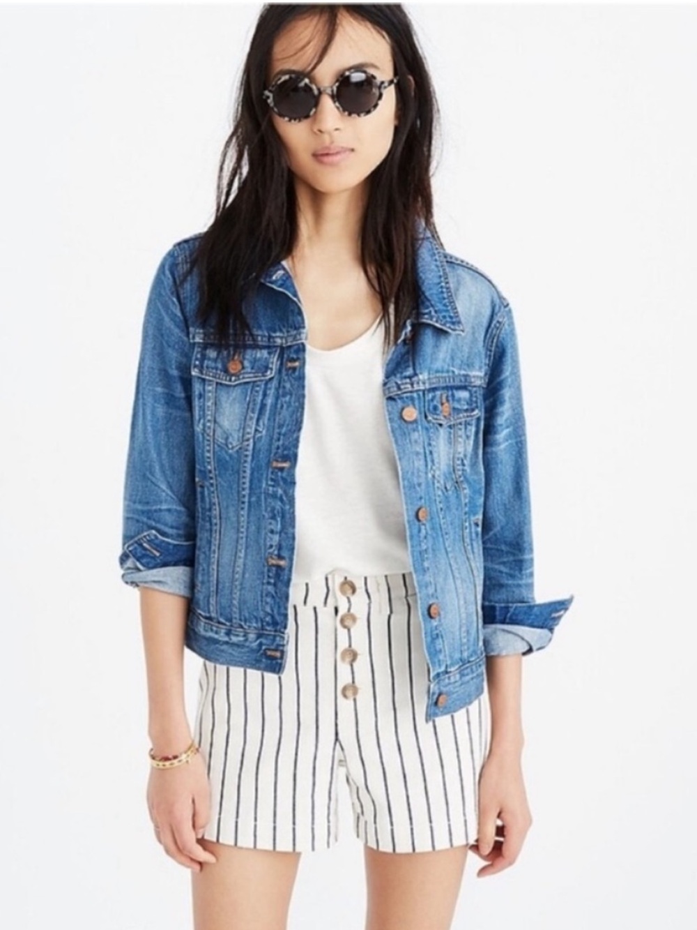 Madewell Nautical Preppy White/Blue Striped Emmett Button Down Fly Denim Shorts.